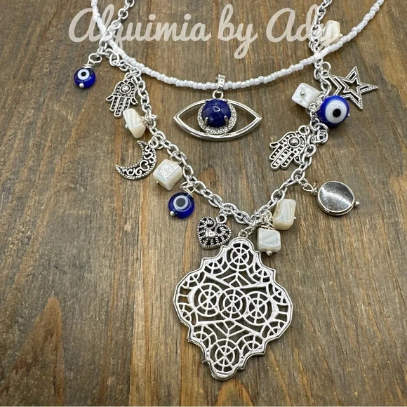 Lapis Lazuli mother of pearl layered charms boho beaded necklace - Picture 3 of 10